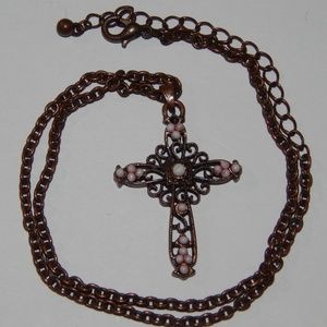 Necklace Cross Pendant Chain Copper Tone Pink